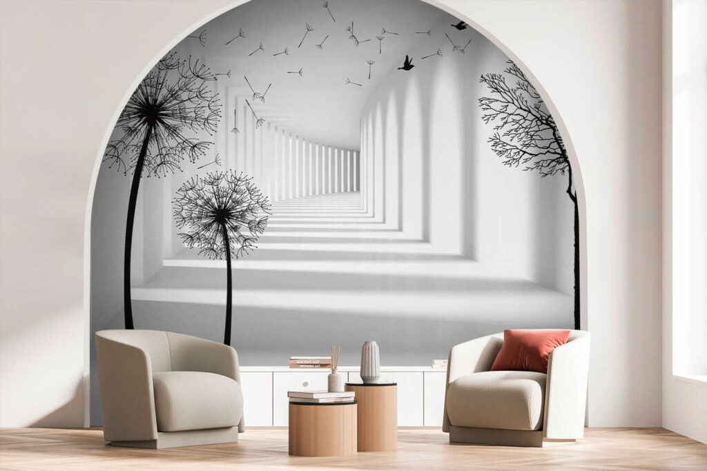 White room with trees and birds flying White room with trees and birds flying