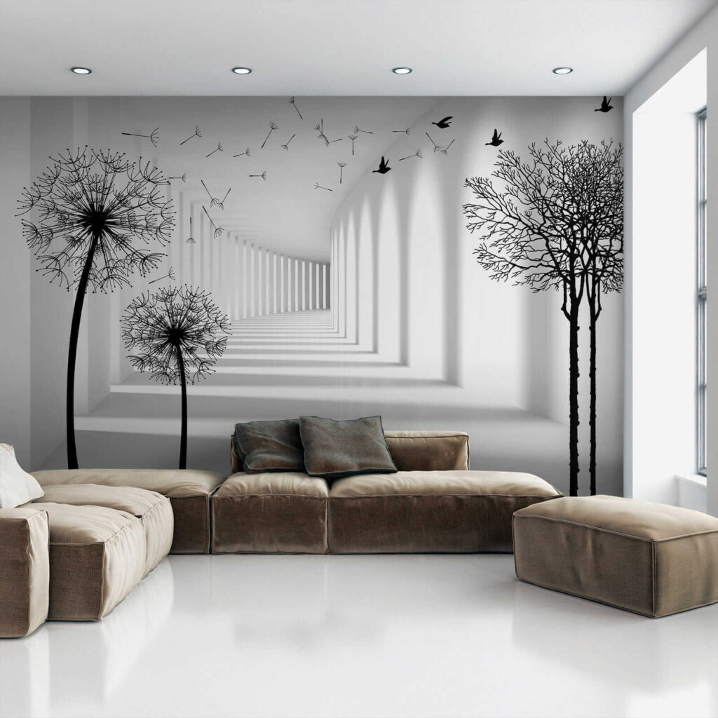 White room with trees and birds flying White room with trees and birds flying