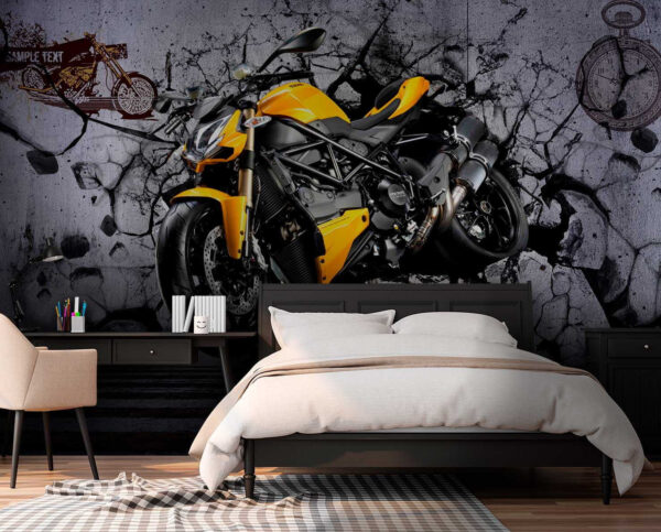 Gele motorfiets op een muur u37780pib1m 600x483 - Gele motorfiets op een muur