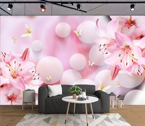 Fotobehang Fotobehang Roze bloemen en vlinders (Artikelnummer: u37477)