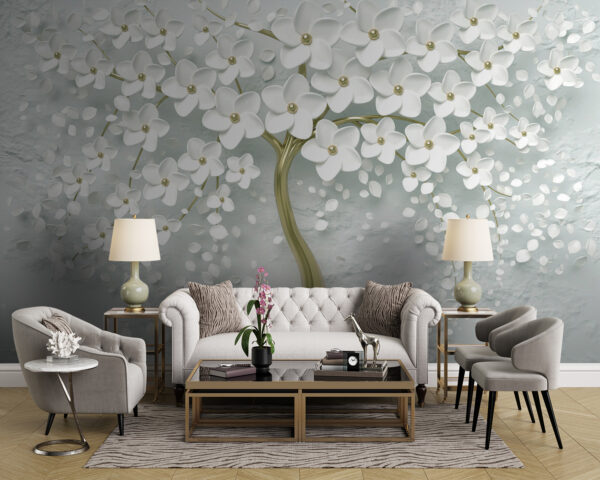 Boom met witte bloemen en bladeren Boom met witte bloemen en bladeren