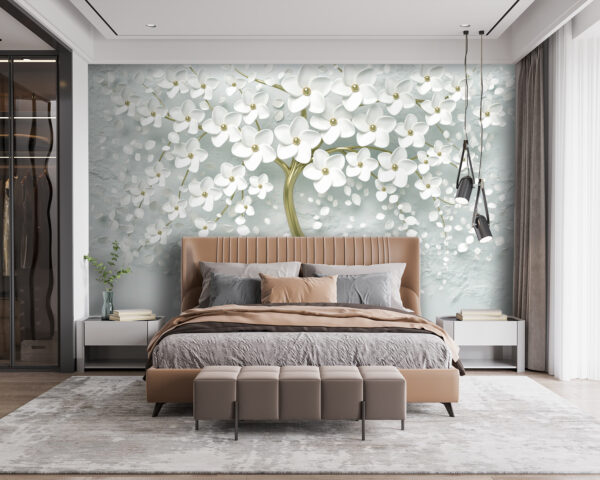 Boom met witte bloemen en bladeren Boom met witte bloemen en bladeren