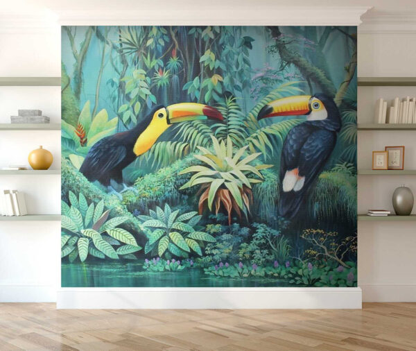 Schilderij van vogels in een bos Schilderij van vogels in een bos