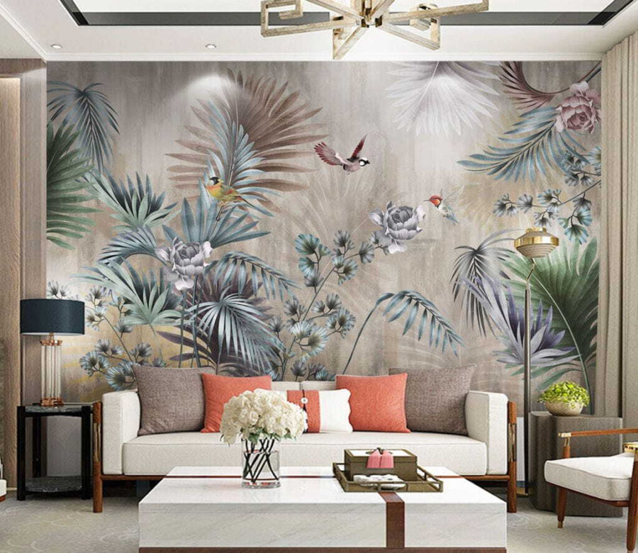 Behang met vogels en bloemen