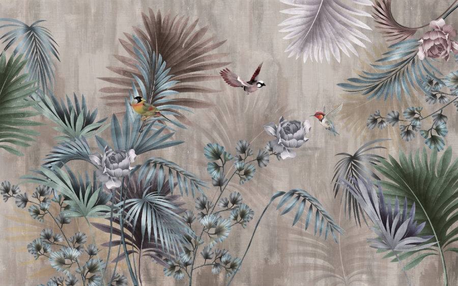 Behang met vogels en bloemen