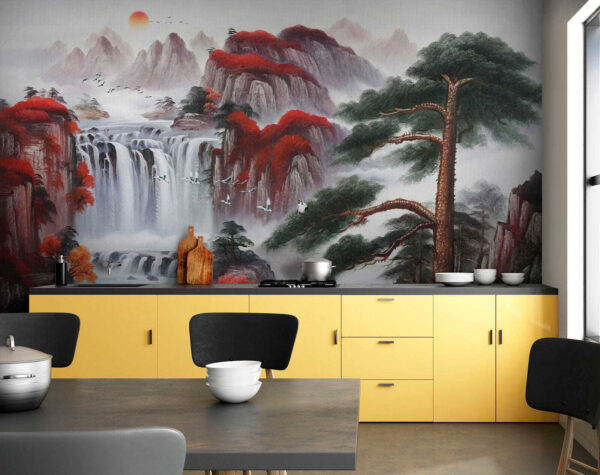 Schilderij van een waterval en bomen Schilderij van een waterval en bomen