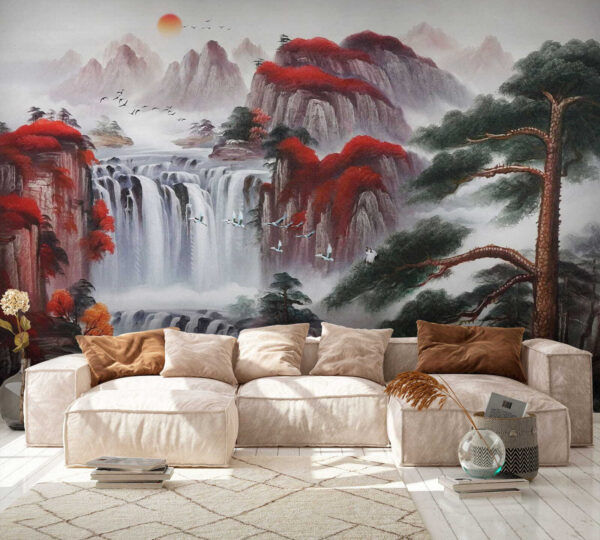 Schilderij van een waterval en bomen Schilderij van een waterval en bomen
