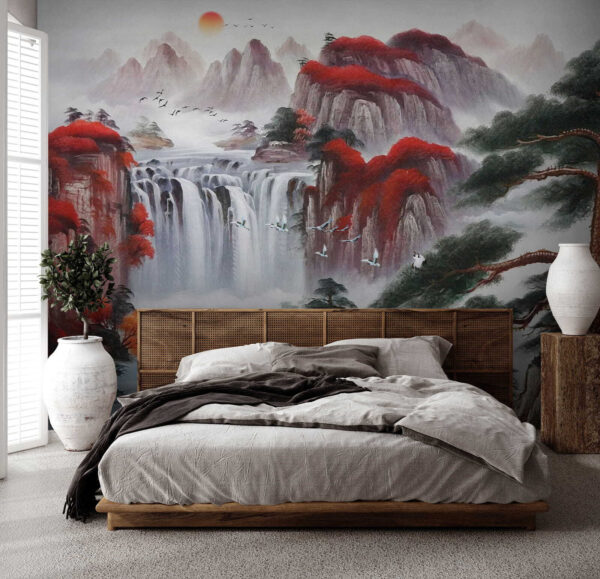 Schilderij van een waterval en bomen Schilderij van een waterval en bomen