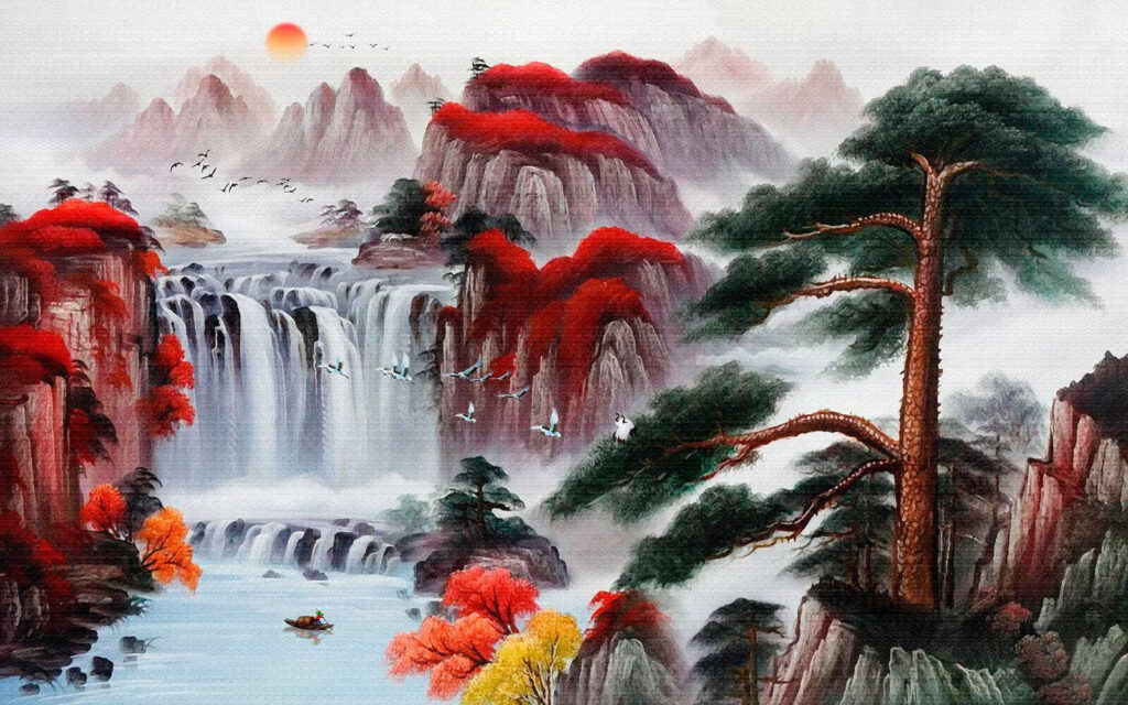 Schilderij van een waterval en bomen Schilderij van een waterval en bomen