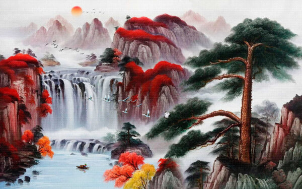Schilderij van een waterval en bomen Schilderij van een waterval en bomen