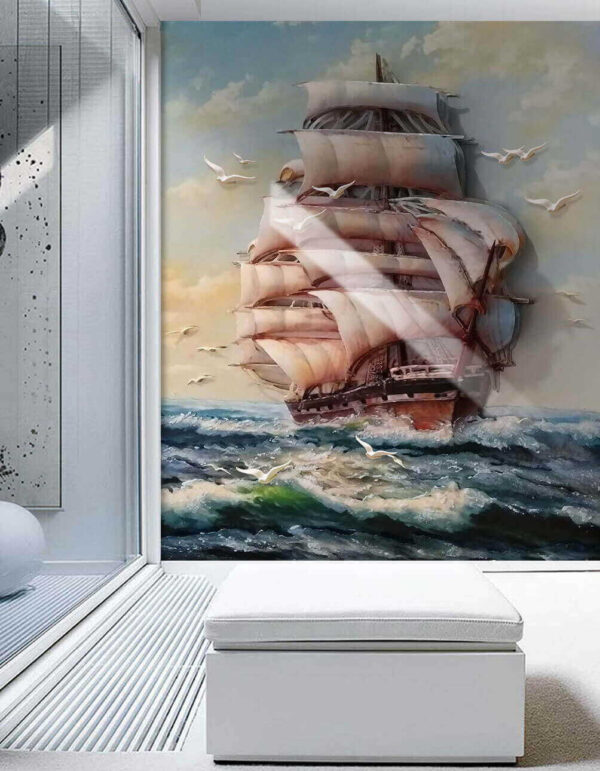 Schilderij van een schip met zeilen en vliegende vogels Schilderij van een schip met zeilen en vliegende vogels