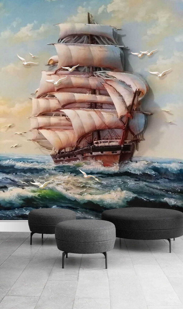 Schilderij van een schip met zeilen en vliegende vogels Schilderij van een schip met zeilen en vliegende vogels