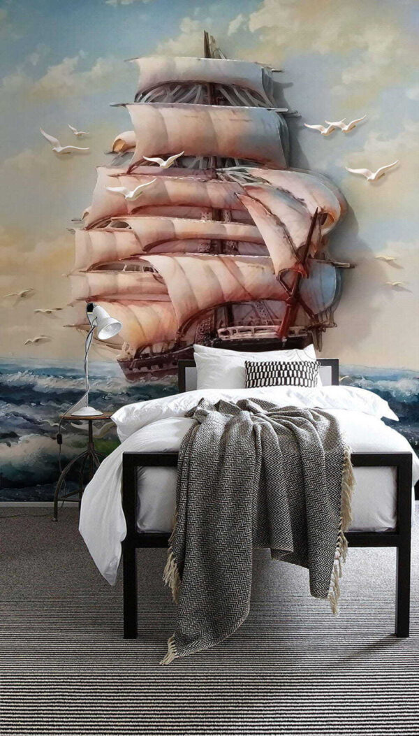 Schilderij van een schip met zeilen en vliegende vogels Schilderij van een schip met zeilen en vliegende vogels