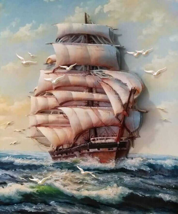 Schilderij van een schip met zeilen en vliegende vogels Schilderij van een schip met zeilen en vliegende vogels