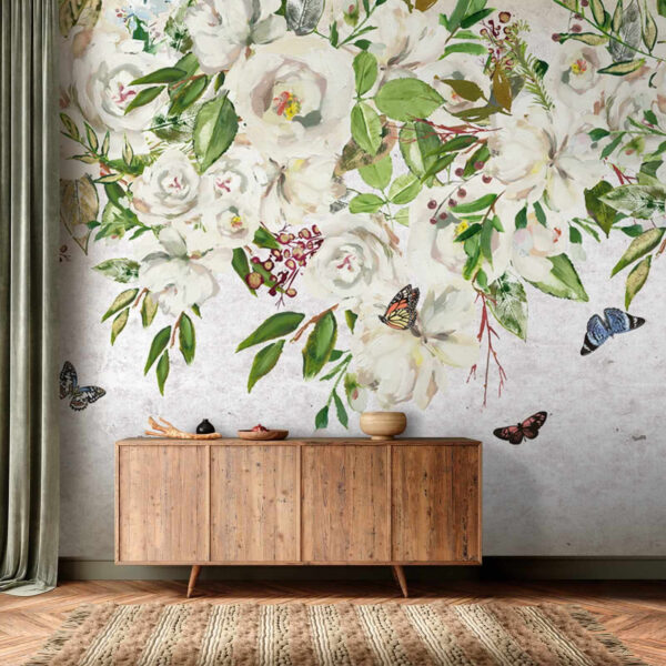 Schilderij van witte bloemen en vlinders u33223pih1 600x600 - Schilderij van witte bloemen en vlinders - tegory