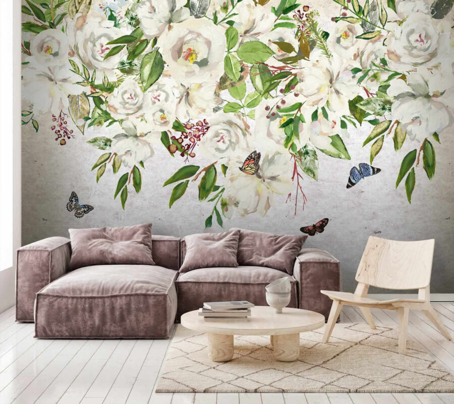 Schilderij van witte bloemen en vlinders u33223pig3 900x802 - Schilderij van witte bloemen en vlinders - tegory