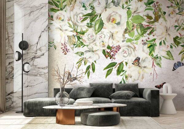 Schilderij van witte bloemen en vlinders u33223pig2 600x420 - Schilderij van witte bloemen en vlinders - tegory