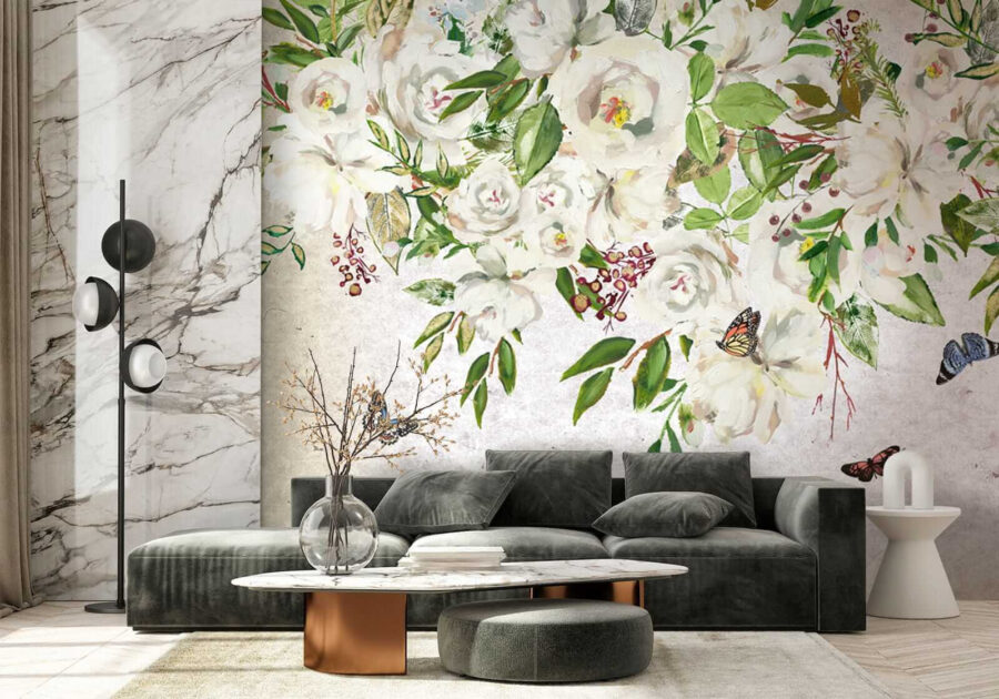 Schilderij van witte bloemen en vlinders u33223pig2 900x630 - Schilderij van witte bloemen en vlinders - tegory
