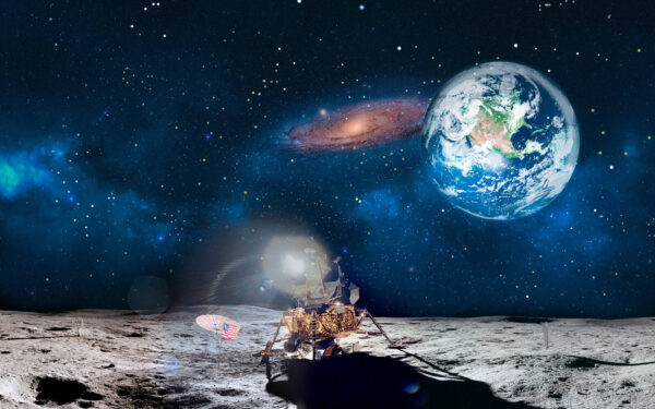 Maan met een planeet en sterren en een planeet op de achtergrond Maan met een planeet en sterren en een planeet op de achtergrond