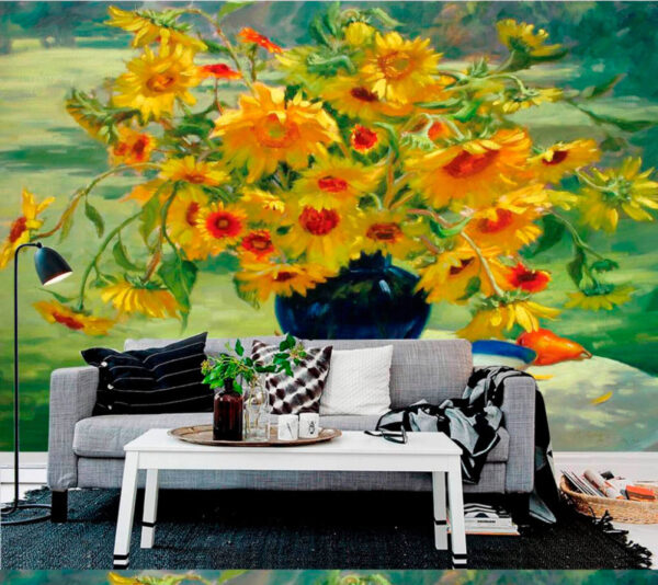 Schilderij van een vaas met gele bloemen en fruit Schilderij van een vaas met gele bloemen en fruit