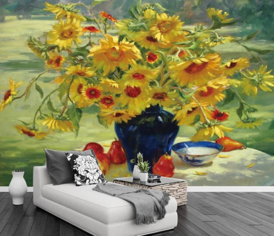 Schilderij van een vaas met gele bloemen en fruit Schilderij van een vaas met gele bloemen en fruit