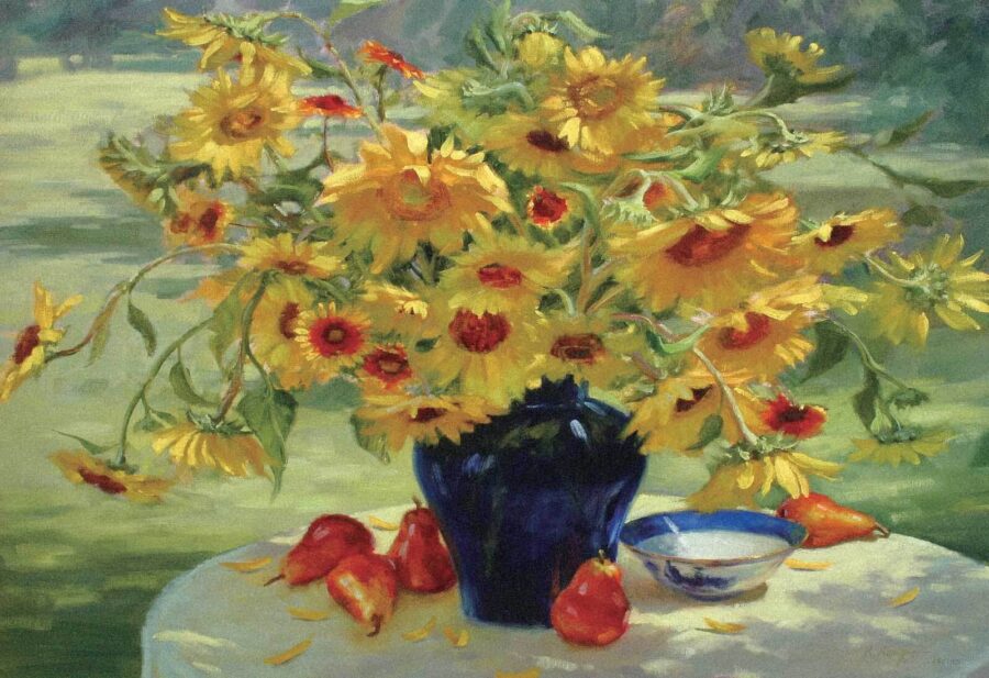 Schilderij van een vaas met gele bloemen en fruit Schilderij van een vaas met gele bloemen en fruit