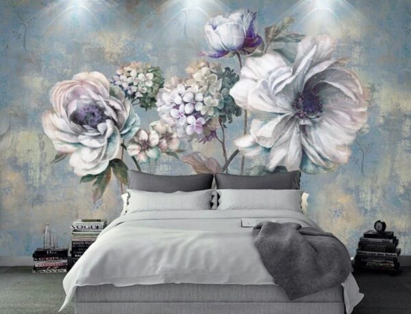 Schilderij van bloemen op een blauwe achtergrond Schilderij van bloemen op een blauwe achtergrond