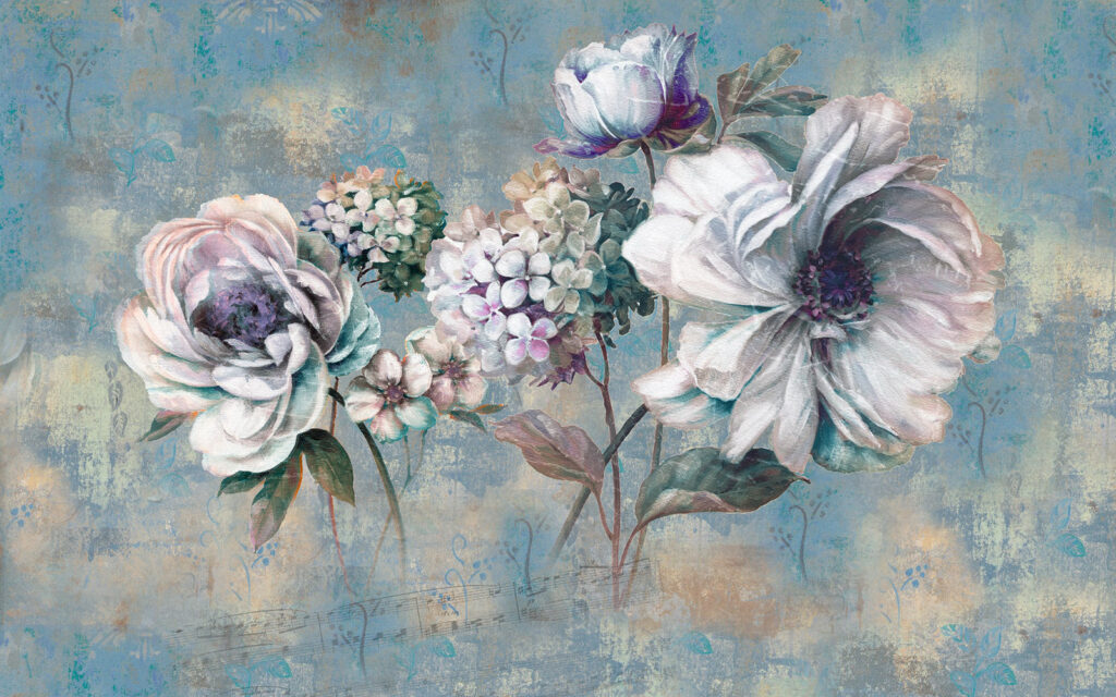 Schilderij van bloemen op een blauwe achtergrond Schilderij van bloemen op een blauwe achtergrond