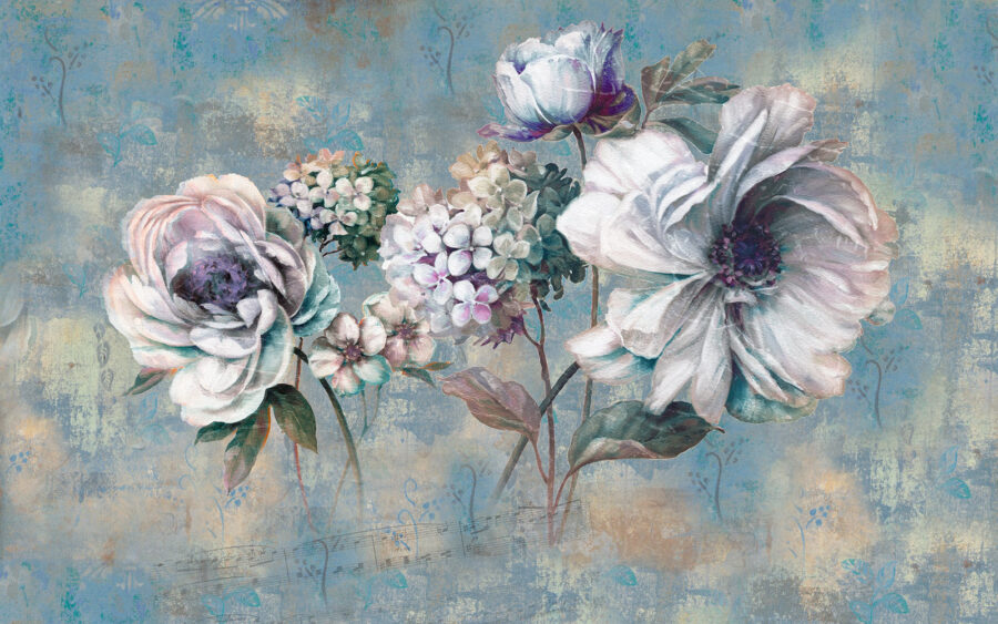 Schilderij van bloemen op een blauwe achtergrond Schilderij van bloemen op een blauwe achtergrond