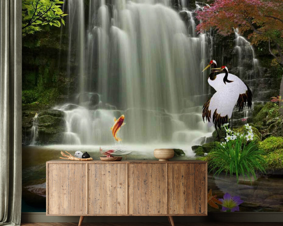 Waterval met vogels en vissen