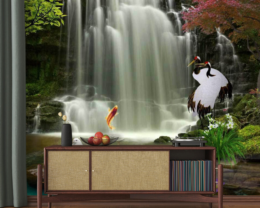 Waterval met vogels en vissen