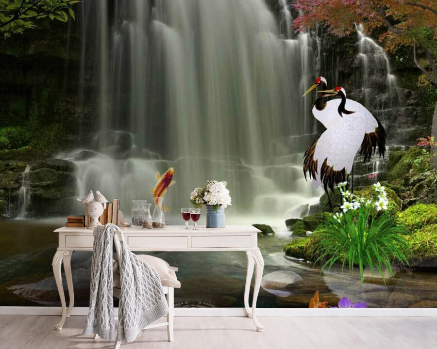 Waterval met vogels en vissen