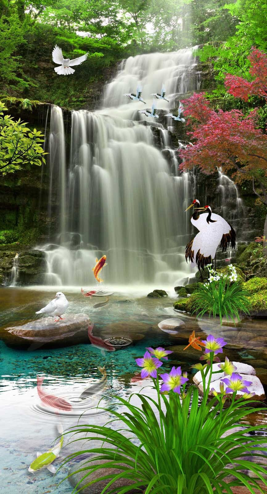 Waterval met vogels en vissen