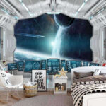 Fotobehang Kamer met horren en uitzicht op de aarde vanuit het raam