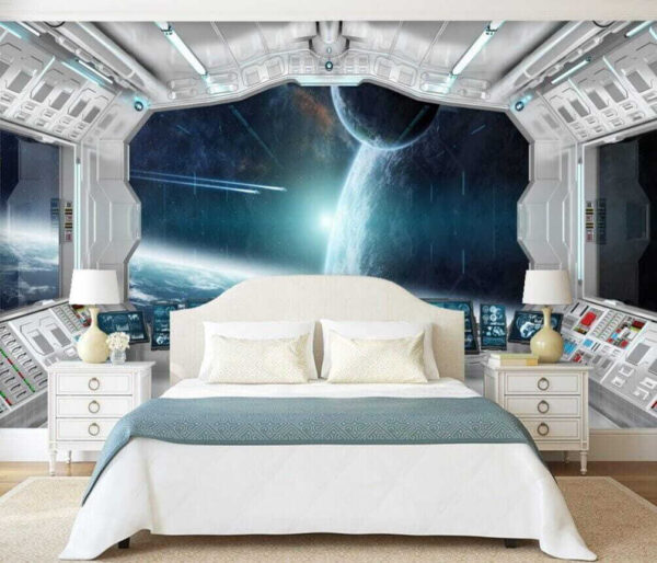Kamer met horren en uitzicht op de aarde vanuit het raam Kamer met horren en uitzicht op de aarde vanuit het raam