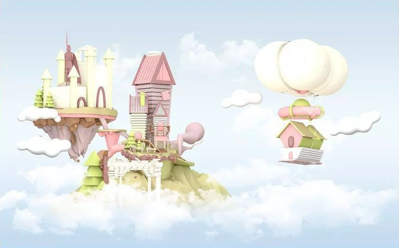 Cartoon huizen zweven in de lucht Cartoon huizen zweven in de lucht