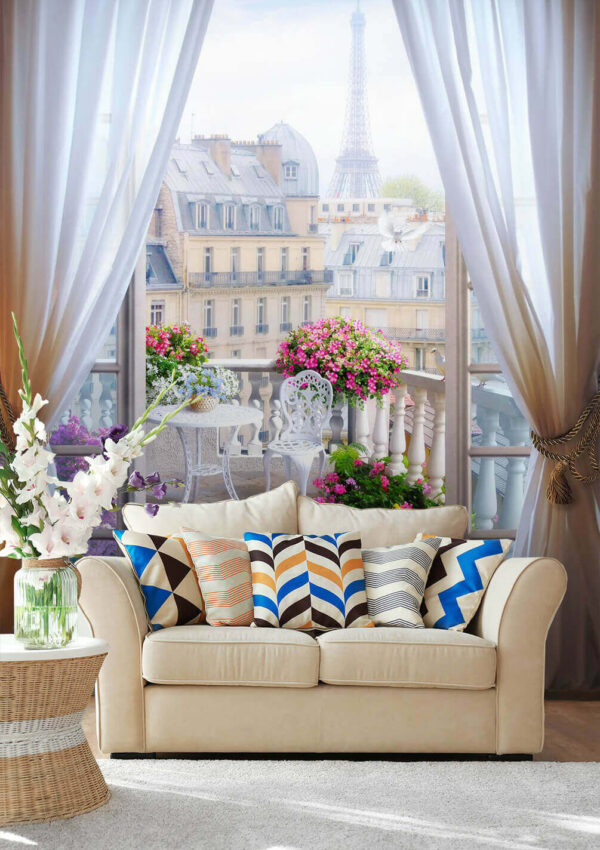 Uitzicht op een balkon met uitzicht op de eiffeltoren vanuit het raam Uitzicht op een balkon met uitzicht op de eiffeltoren vanuit het raam