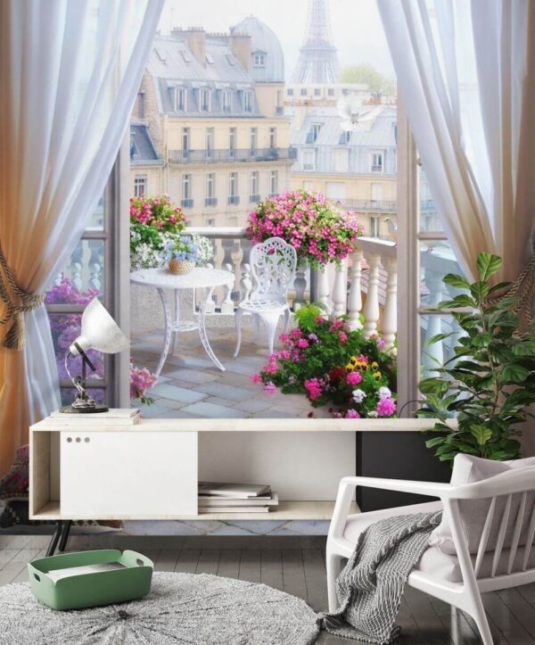 Uitzicht op een balkon met uitzicht op de eiffeltoren vanuit het raam Uitzicht op een balkon met uitzicht op de eiffeltoren vanuit het raam