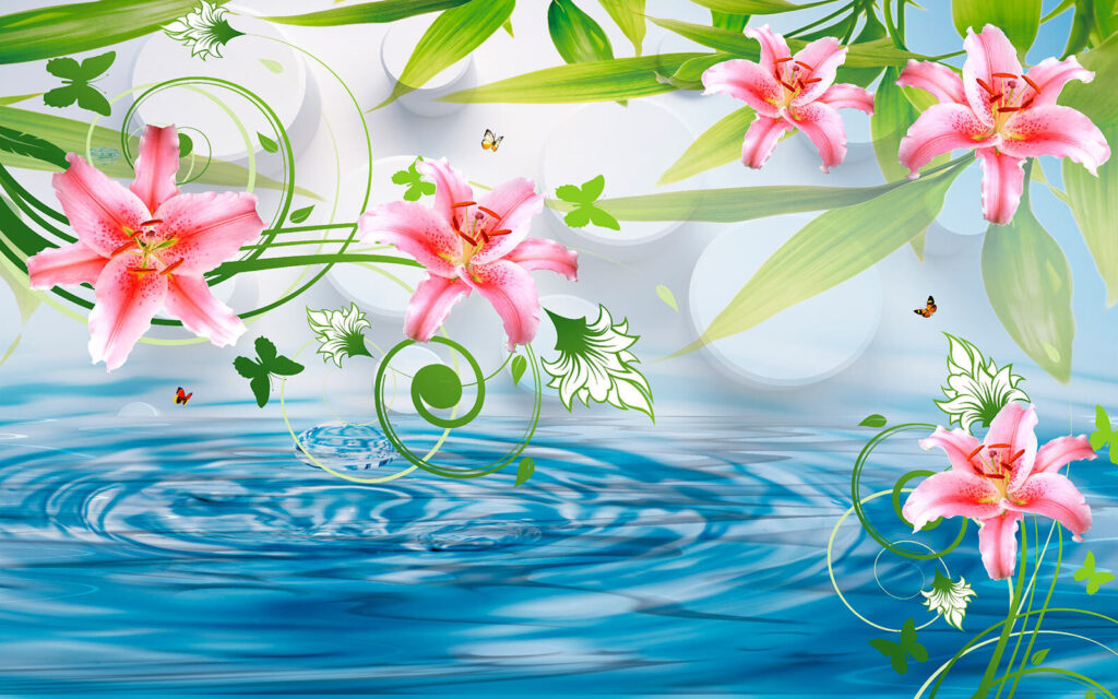 Roze bloemen en groene bladeren boven water Roze bloemen en groene bladeren boven water