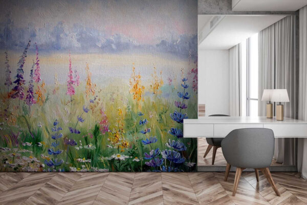 Schilderij van bloemen in een veld Schilderij van bloemen in een veld