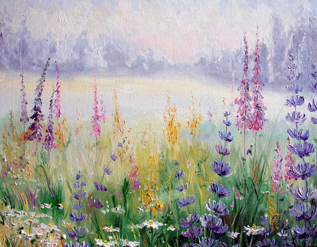 Schilderij van bloemen in een veld Schilderij van bloemen in een veld