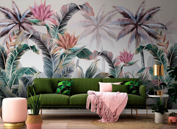 Behang met palmbomen en bloemen Behang met palmbomen en bloemen