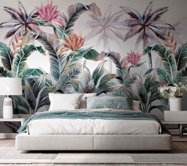 Behang met palmbomen en bloemen Behang met palmbomen en bloemen