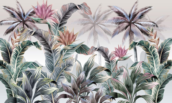 Behang met palmbomen en bloemen Behang met palmbomen en bloemen