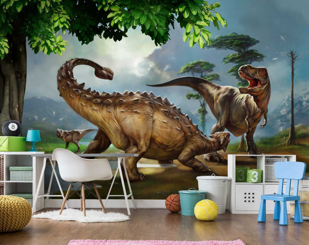 Painting of dinosaurs near a river Painting of dinosaurs near a river