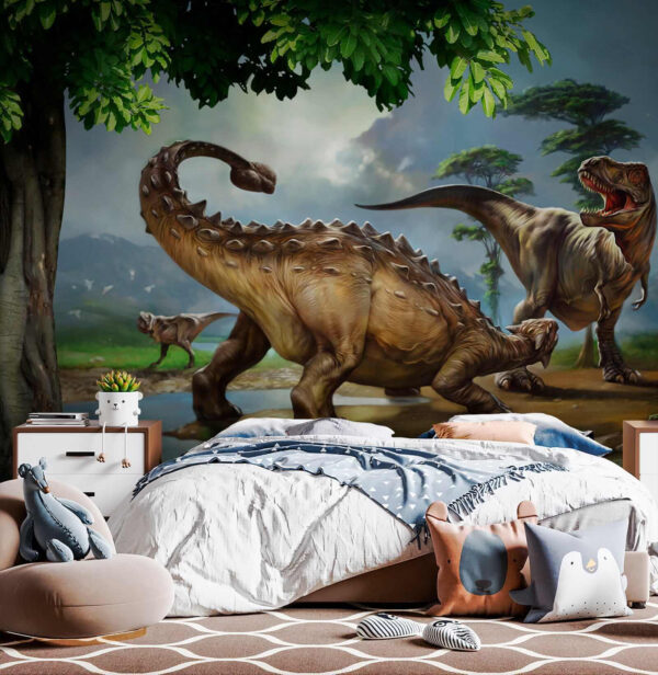 Schilderij van dinosaurussen bij een rivier Schilderij van dinosaurussen bij een rivier
