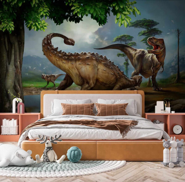 Schilderij van dinosaurussen bij een rivier Schilderij van dinosaurussen bij een rivier