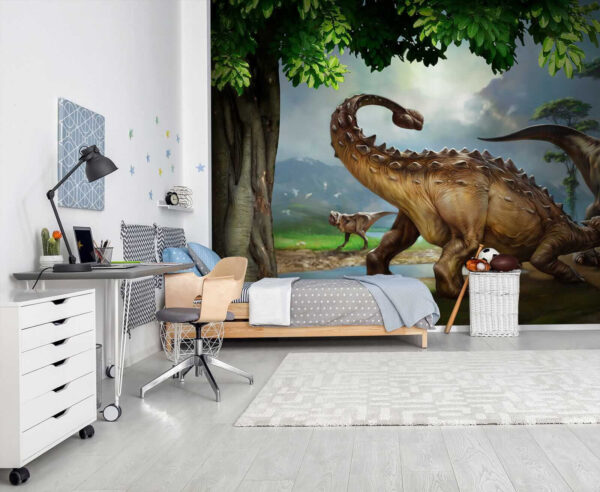 Schilderij van dinosaurussen bij een rivier Schilderij van dinosaurussen bij een rivier