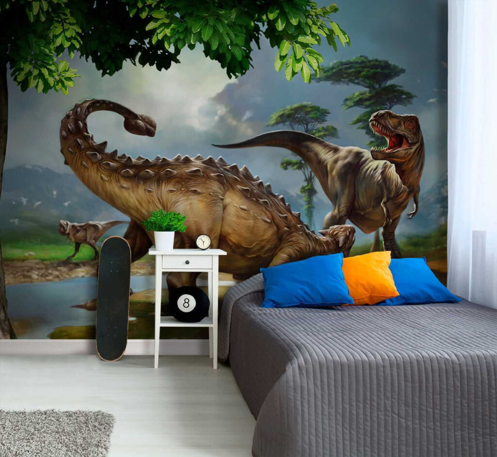 Painting of dinosaurs near a river Painting of dinosaurs near a river