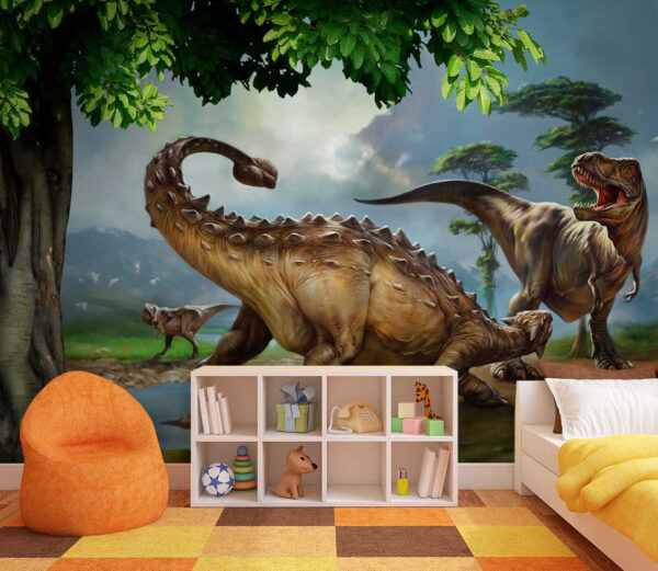 Schilderij van dinosaurussen bij een rivier Schilderij van dinosaurussen bij een rivier